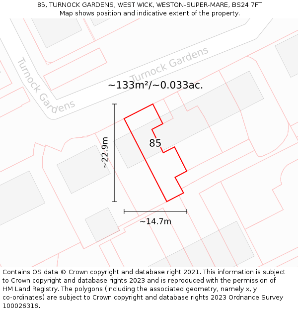 85, TURNOCK GARDENS, WEST WICK, WESTON-SUPER-MARE, BS24 7FT: Plot and title map