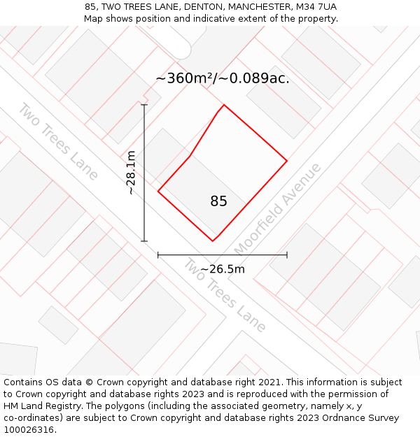 85, TWO TREES LANE, DENTON, MANCHESTER, M34 7UA: Plot and title map