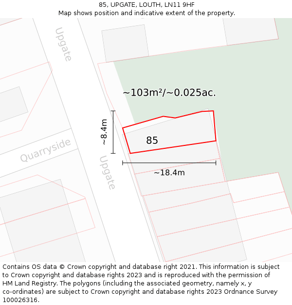 85, UPGATE, LOUTH, LN11 9HF: Plot and title map