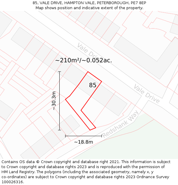 85, VALE DRIVE, HAMPTON VALE, PETERBOROUGH, PE7 8EP: Plot and title map