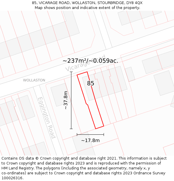 85, VICARAGE ROAD, WOLLASTON, STOURBRIDGE, DY8 4QX: Plot and title map