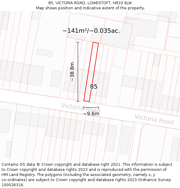 85, VICTORIA ROAD, LOWESTOFT, NR33 9LW: Plot and title map
