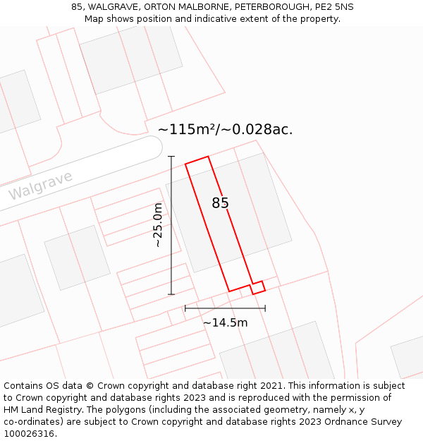 85, WALGRAVE, ORTON MALBORNE, PETERBOROUGH, PE2 5NS: Plot and title map
