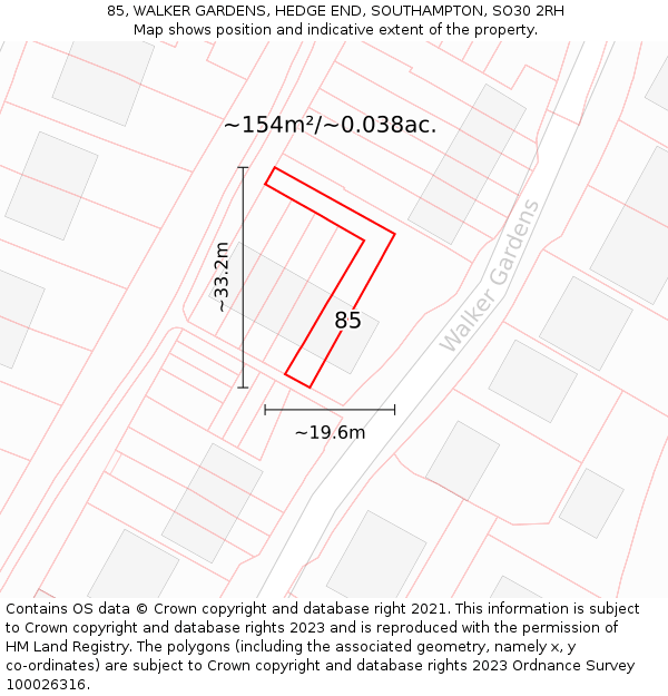 85, WALKER GARDENS, HEDGE END, SOUTHAMPTON, SO30 2RH: Plot and title map