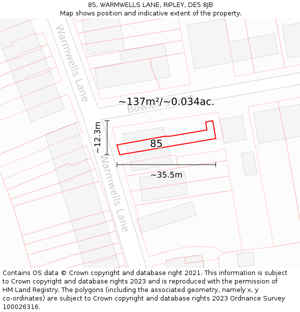 85, WARMWELLS LANE, RIPLEY, DE5 8JB: Plot and title map