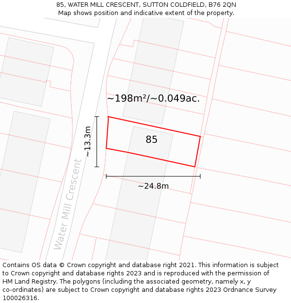 85, WATER MILL CRESCENT, SUTTON COLDFIELD, B76 2QN: Plot and title map
