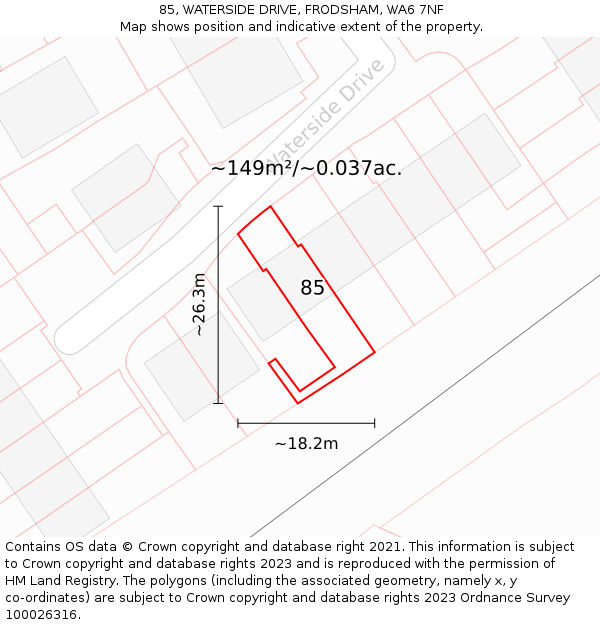 85, WATERSIDE DRIVE, FRODSHAM, WA6 7NF: Plot and title map