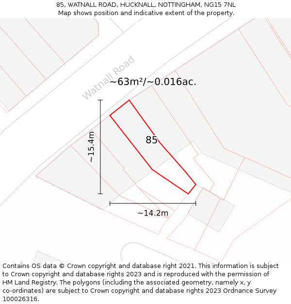 85, WATNALL ROAD, HUCKNALL, NOTTINGHAM, NG15 7NL: Plot and title map
