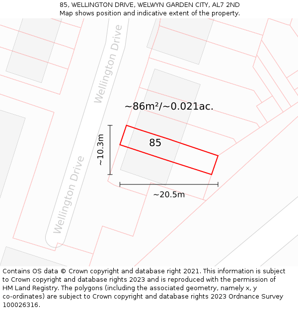 85, WELLINGTON DRIVE, WELWYN GARDEN CITY, AL7 2ND: Plot and title map