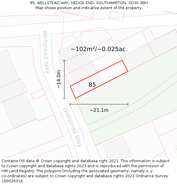 85, WELLSTEAD WAY, HEDGE END, SOUTHAMPTON, SO30 2BH: Plot and title map