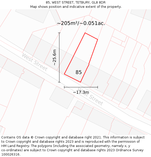 85, WEST STREET, TETBURY, GL8 8DR: Plot and title map