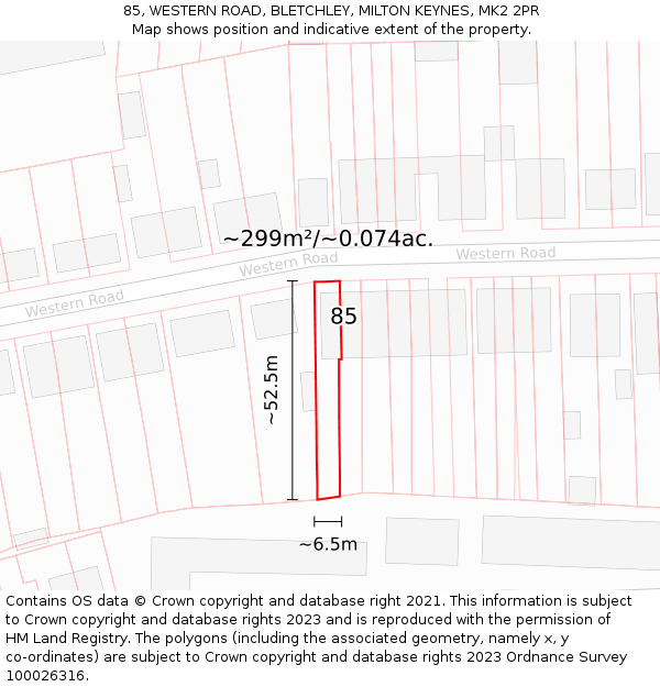 85, WESTERN ROAD, BLETCHLEY, MILTON KEYNES, MK2 2PR: Plot and title map
