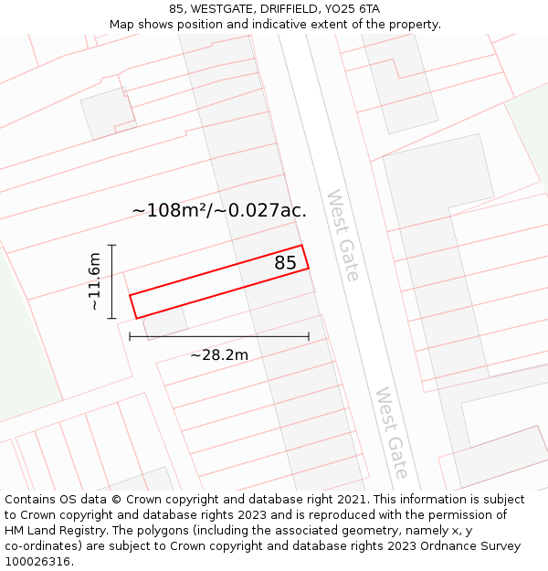 85, WESTGATE, DRIFFIELD, YO25 6TA: Plot and title map