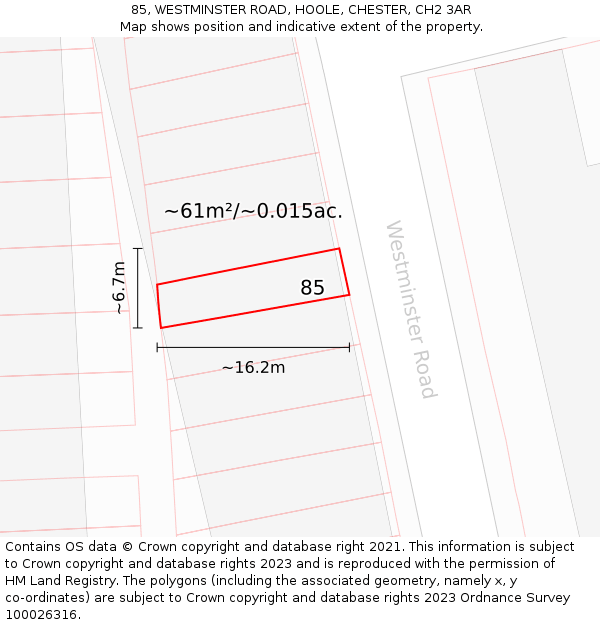 85, WESTMINSTER ROAD, HOOLE, CHESTER, CH2 3AR: Plot and title map