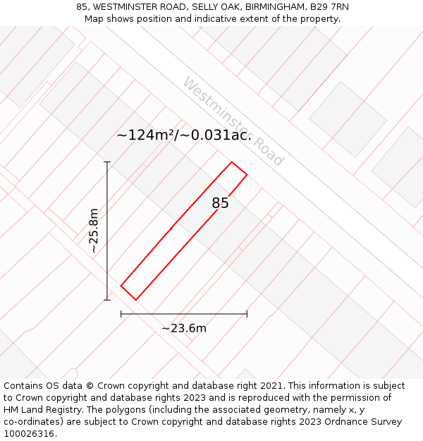 85, WESTMINSTER ROAD, SELLY OAK, BIRMINGHAM, B29 7RN: Plot and title map