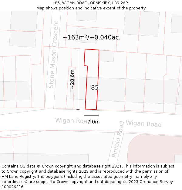85, WIGAN ROAD, ORMSKIRK, L39 2AP: Plot and title map