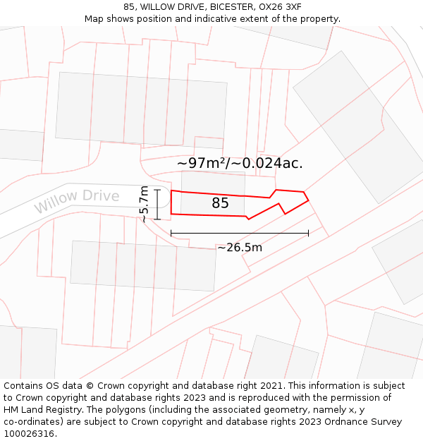 85, WILLOW DRIVE, BICESTER, OX26 3XF: Plot and title map