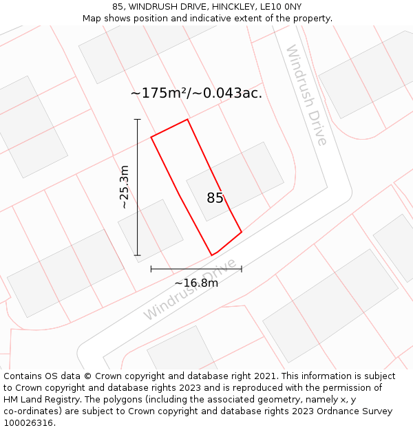 85, WINDRUSH DRIVE, HINCKLEY, LE10 0NY: Plot and title map