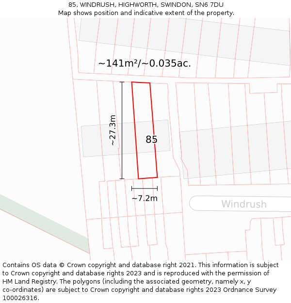 85, WINDRUSH, HIGHWORTH, SWINDON, SN6 7DU: Plot and title map