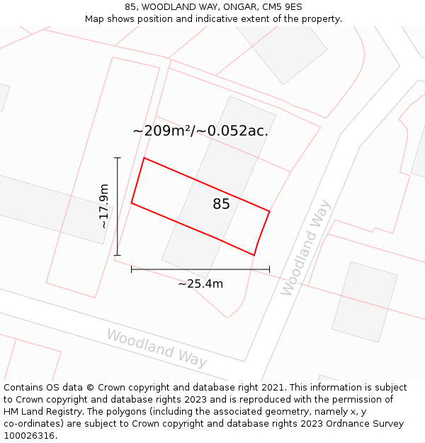 85, WOODLAND WAY, ONGAR, CM5 9ES: Plot and title map