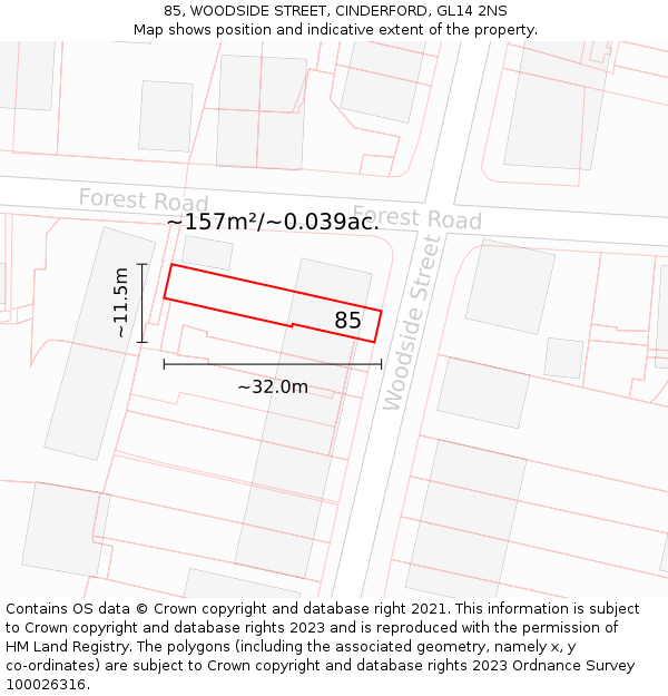 85, WOODSIDE STREET, CINDERFORD, GL14 2NS: Plot and title map