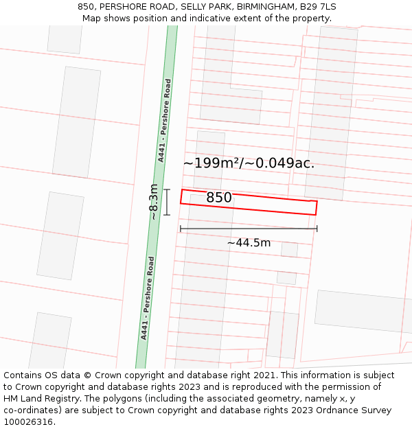 850, PERSHORE ROAD, SELLY PARK, BIRMINGHAM, B29 7LS: Plot and title map