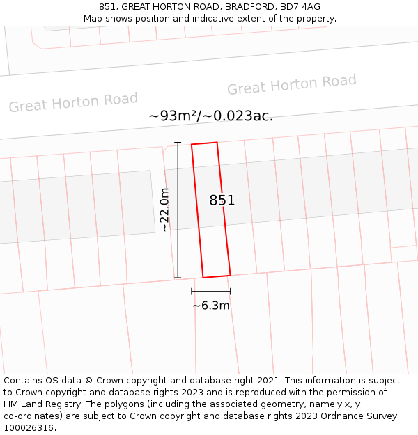 851, GREAT HORTON ROAD, BRADFORD, BD7 4AG: Plot and title map