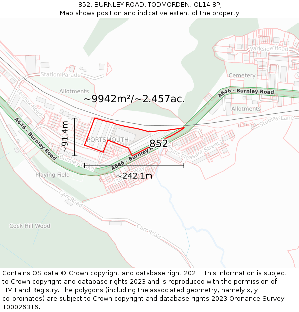 852, BURNLEY ROAD, TODMORDEN, OL14 8PJ: Plot and title map