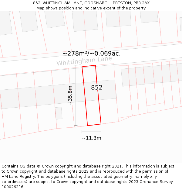 852, WHITTINGHAM LANE, GOOSNARGH, PRESTON, PR3 2AX: Plot and title map