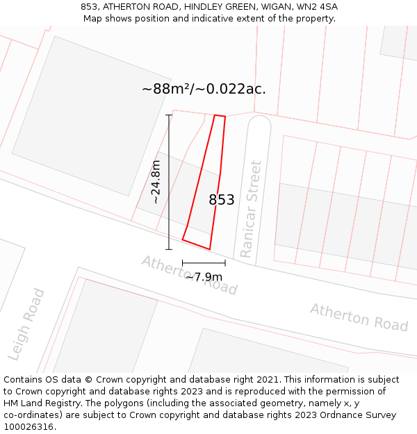 853, ATHERTON ROAD, HINDLEY GREEN, WIGAN, WN2 4SA: Plot and title map