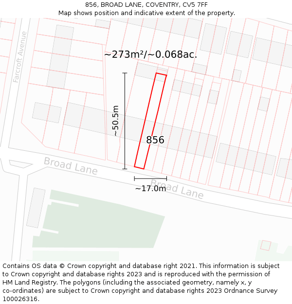 856, BROAD LANE, COVENTRY, CV5 7FF: Plot and title map