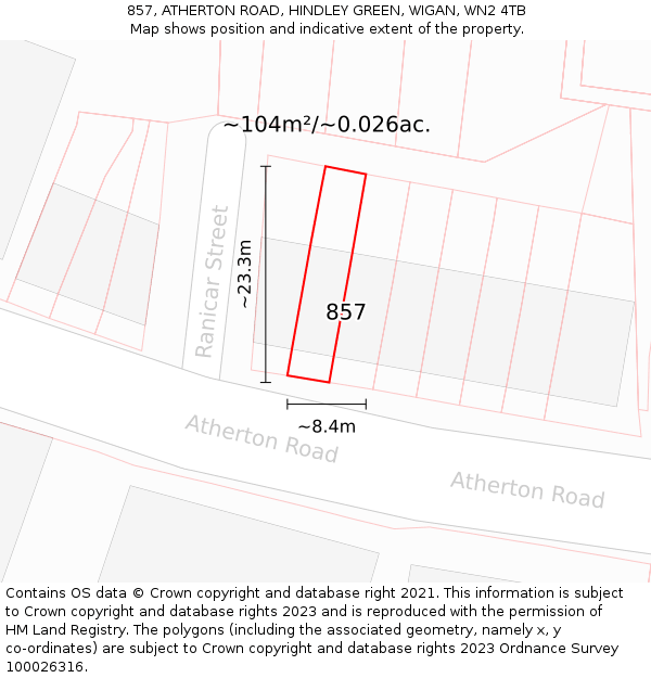 857, ATHERTON ROAD, HINDLEY GREEN, WIGAN, WN2 4TB: Plot and title map