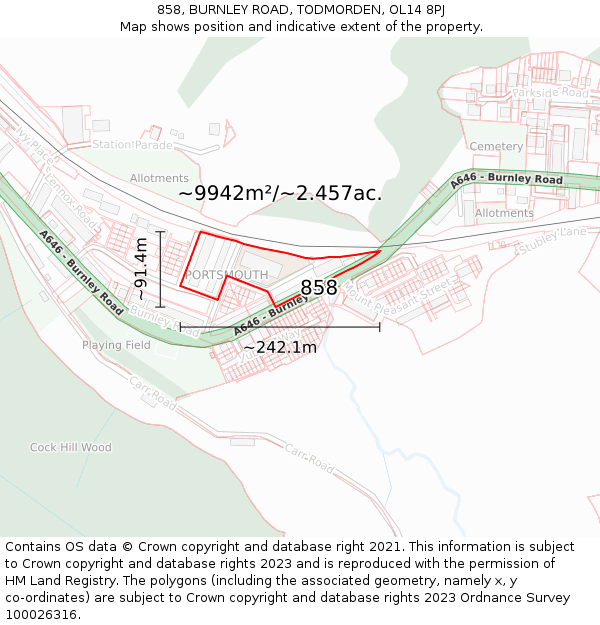 858, BURNLEY ROAD, TODMORDEN, OL14 8PJ: Plot and title map