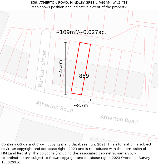 859, ATHERTON ROAD, HINDLEY GREEN, WIGAN, WN2 4TB: Plot and title map