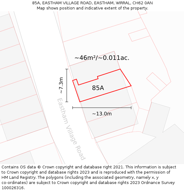 85A, EASTHAM VILLAGE ROAD, EASTHAM, WIRRAL, CH62 0AN: Plot and title map