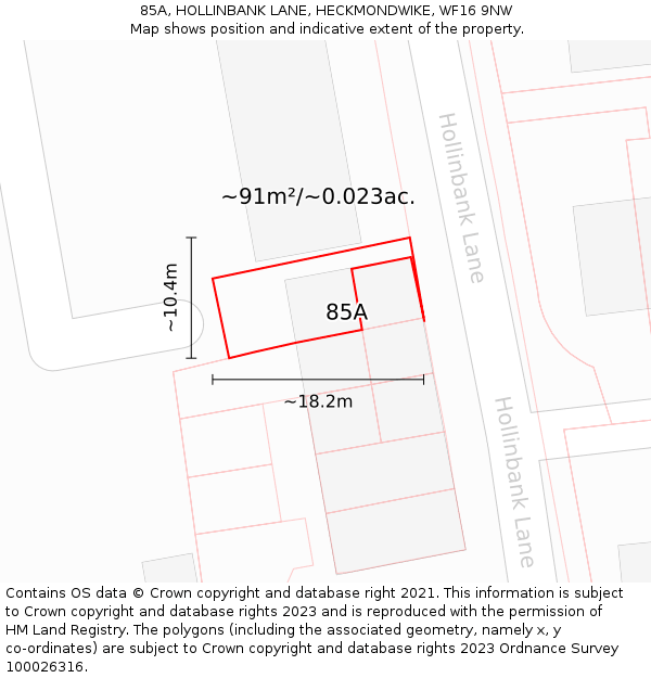 85A, HOLLINBANK LANE, HECKMONDWIKE, WF16 9NW: Plot and title map
