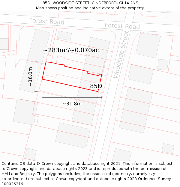 85D, WOODSIDE STREET, CINDERFORD, GL14 2NS: Plot and title map