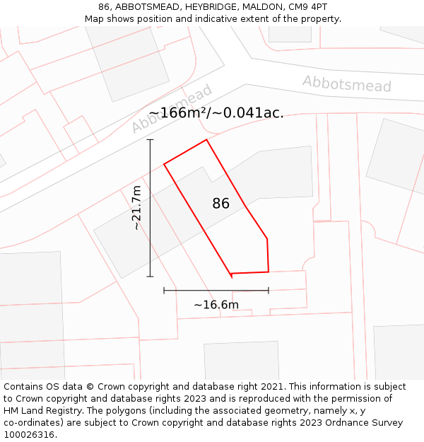 86, ABBOTSMEAD, HEYBRIDGE, MALDON, CM9 4PT: Plot and title map