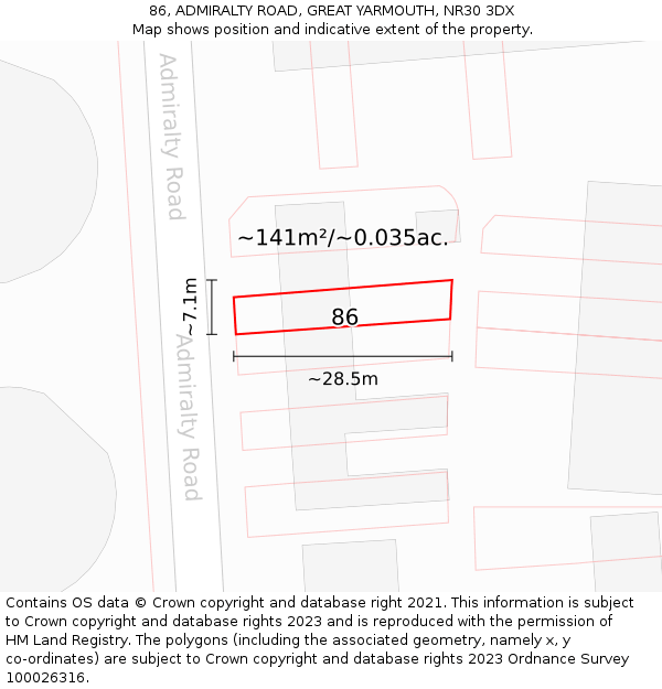 86, ADMIRALTY ROAD, GREAT YARMOUTH, NR30 3DX: Plot and title map