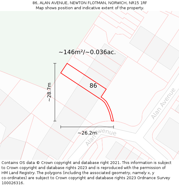 86, ALAN AVENUE, NEWTON FLOTMAN, NORWICH, NR15 1RF: Plot and title map