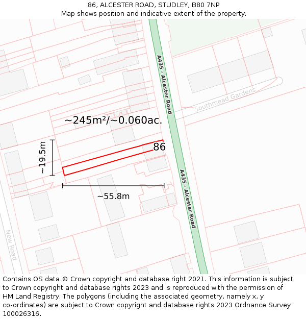 86, ALCESTER ROAD, STUDLEY, B80 7NP: Plot and title map
