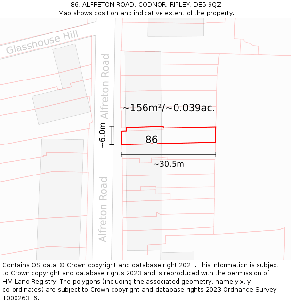 86, ALFRETON ROAD, CODNOR, RIPLEY, DE5 9QZ: Plot and title map