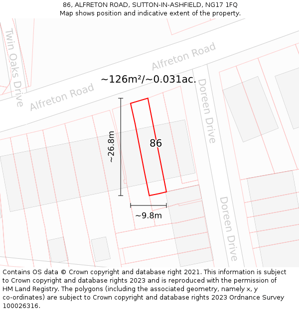 86, ALFRETON ROAD, SUTTON-IN-ASHFIELD, NG17 1FQ: Plot and title map