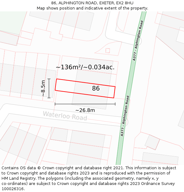 86, ALPHINGTON ROAD, EXETER, EX2 8HU: Plot and title map