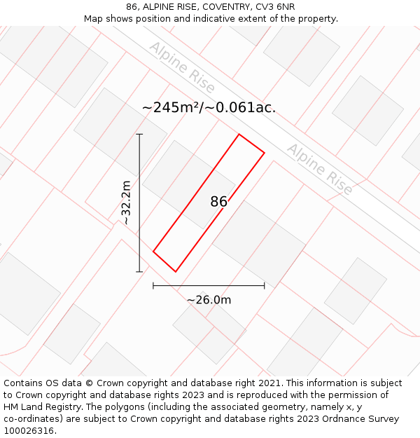86, ALPINE RISE, COVENTRY, CV3 6NR: Plot and title map