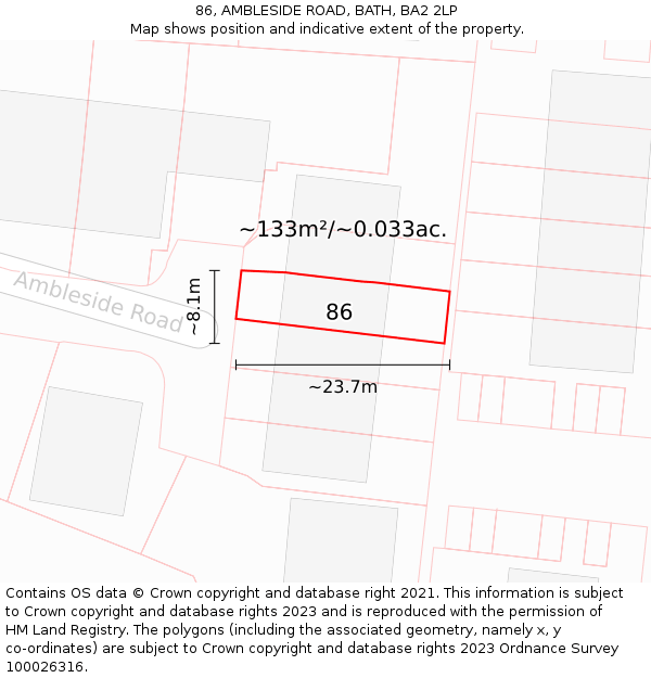 86, AMBLESIDE ROAD, BATH, BA2 2LP: Plot and title map