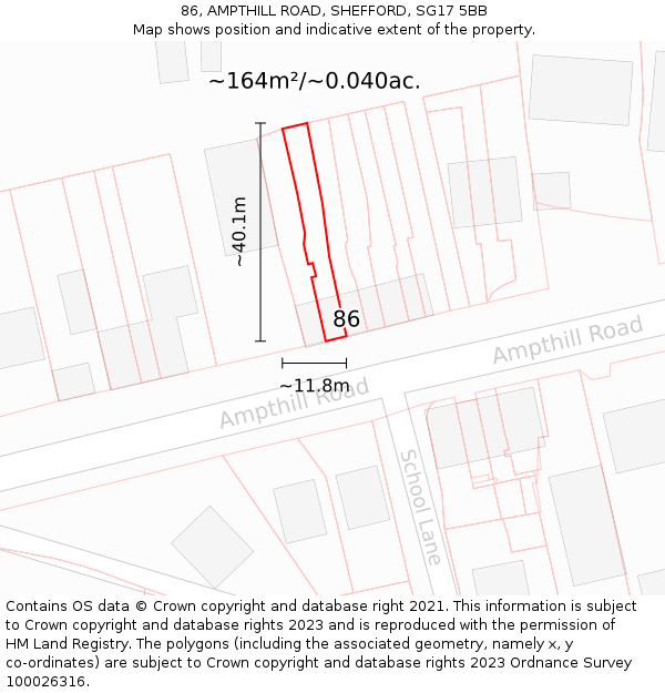 86, AMPTHILL ROAD, SHEFFORD, SG17 5BB: Plot and title map