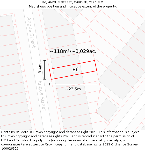 86, ANGUS STREET, CARDIFF, CF24 3LX: Plot and title map