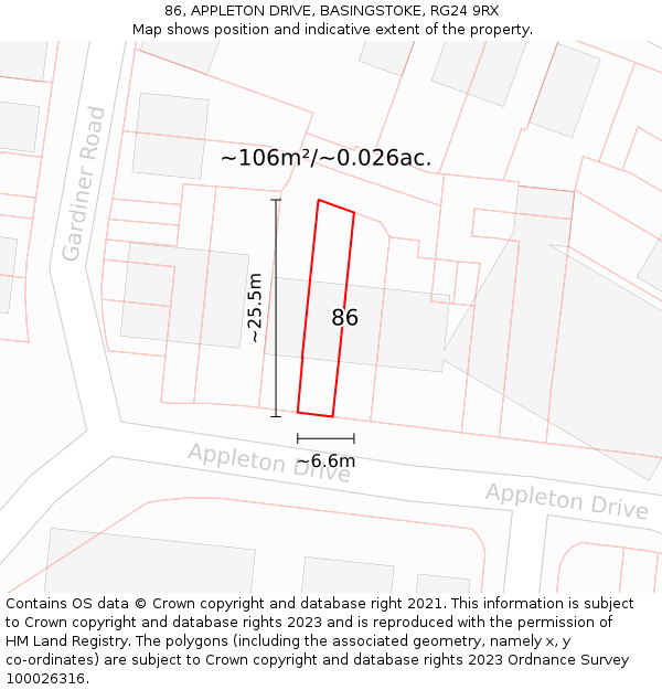 86, APPLETON DRIVE, BASINGSTOKE, RG24 9RX: Plot and title map