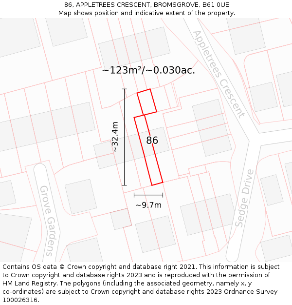 86, APPLETREES CRESCENT, BROMSGROVE, B61 0UE: Plot and title map